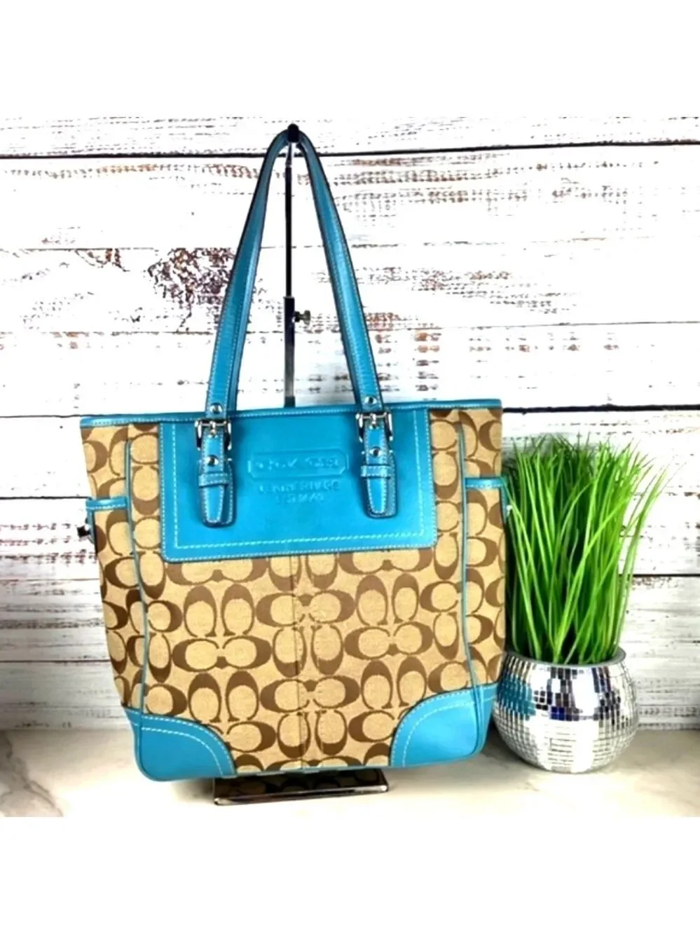 Coach Y2K Signature Gallery Shoulder Bag Teal Blue Tan Brown‎ Tote Leather Lapto